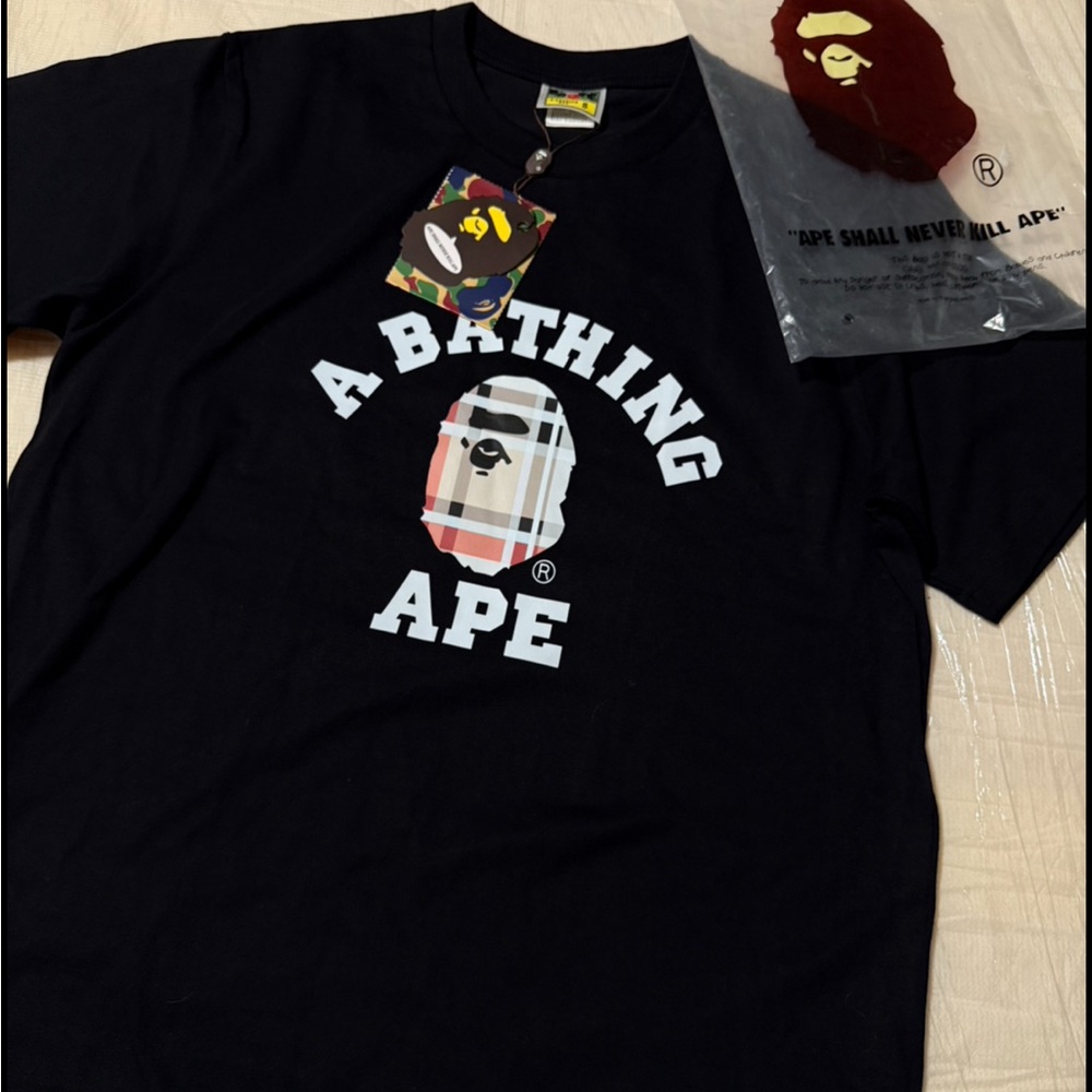 Bape Black Short Sleeve Tee with White and Red Logo